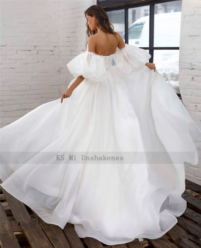 Princess White Wedding Dress Puff Short Sleeve Plus Size Bridal Dresses Lace up Back A Line Cheap Wedding Gowns Vestido de Noiva