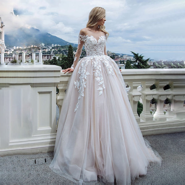 Luxury Long Sleeves Wedding Dresses 2021 A Line V Neck Bridal Wedding ...