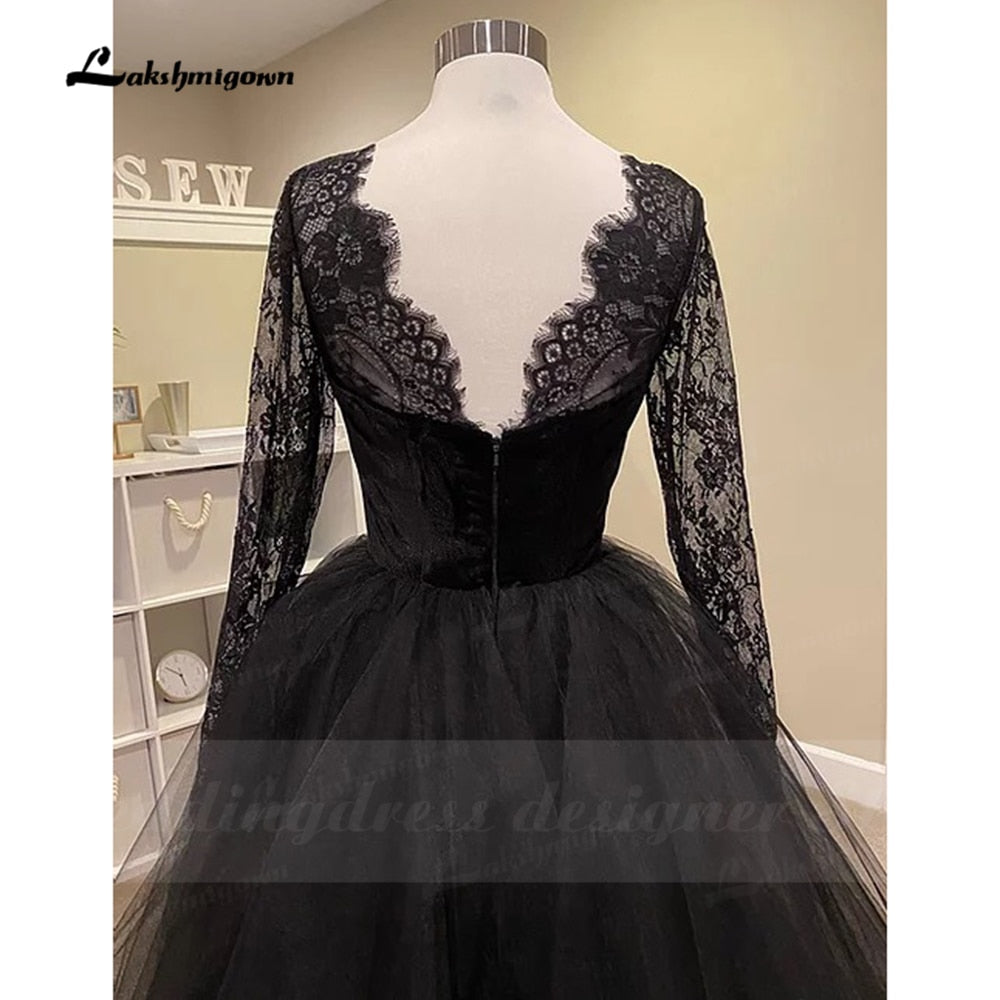Simple Gothic Black Wedding Dresses 2021 Long Sleeves Boho A-line Bridal Dress Vintage Sweetheart Wedding Gowns vestido de novia