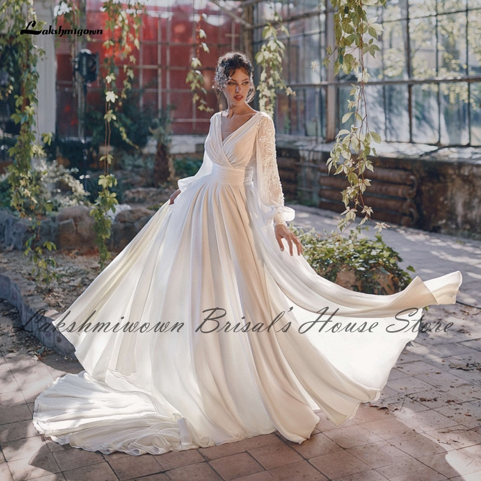 Lakshmigown Puffy Long Sleeve Boho Wedding Dress 2021 Vestaglia Sposa Plus Size Bridal Receipt Wedding Gown High Split Open Back