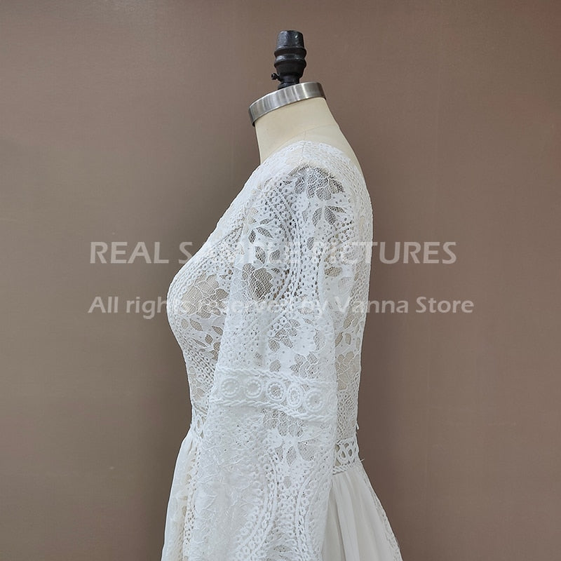 2022 Beach Boho Elopement Photoshoot Wedding Dress V Neck Lace Chiffon A Line Seaside Long Sleeve Big Sizes Bridal Gown