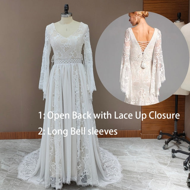 2022 Beach Boho Elopement Photoshoot Wedding Dress V Neck Lace Chiffon A Line Seaside Long Sleeve Big Sizes Bridal Gown