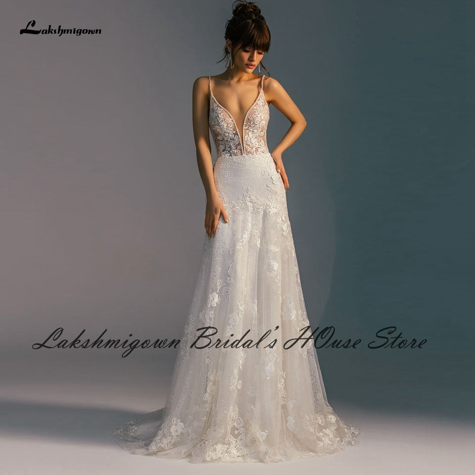 Lakshmigown Robe Vintage Backless Mermaid Wedding Dress Spaghetti Straps Beaded Lace Vestido Boho Chic Bridal Wedding Gowns
