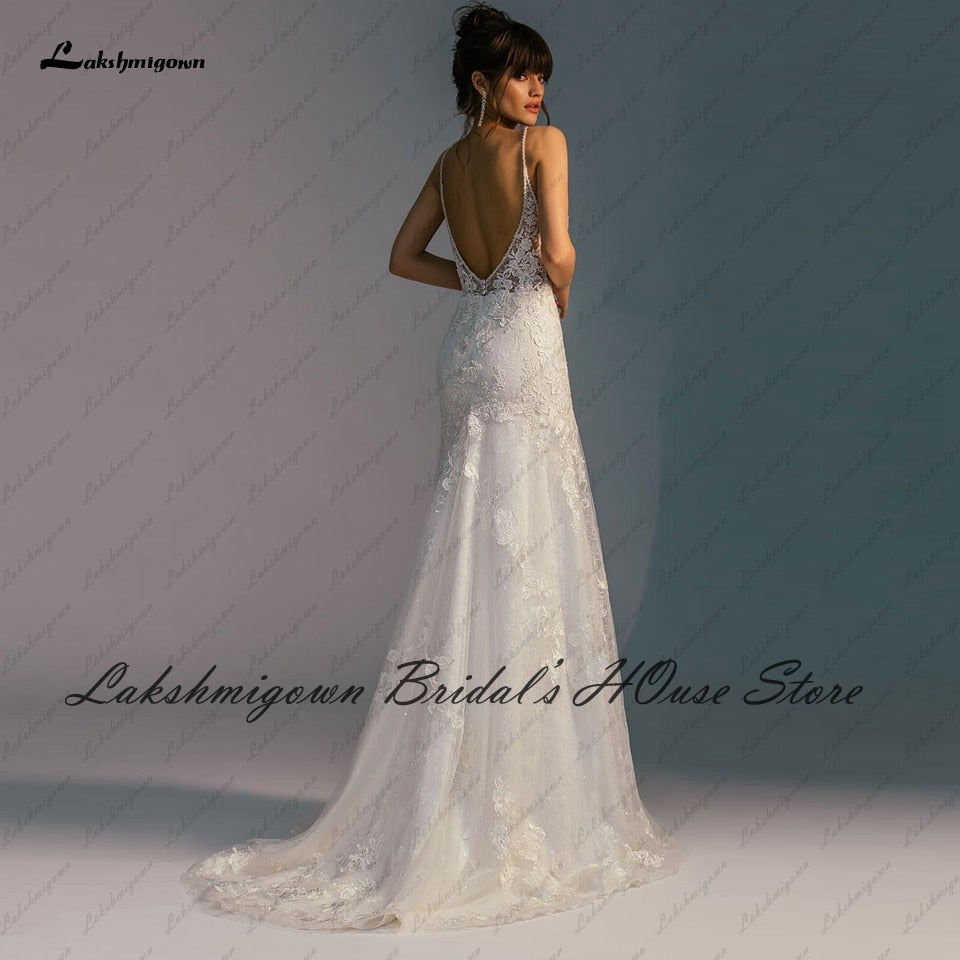 Lakshmigown Robe Vintage Backless Mermaid Wedding Dress Spaghetti Straps Beaded Lace Vestido Boho Chic Bridal Wedding Gowns - ROYCEBRIDAL OFFICIAL STORE