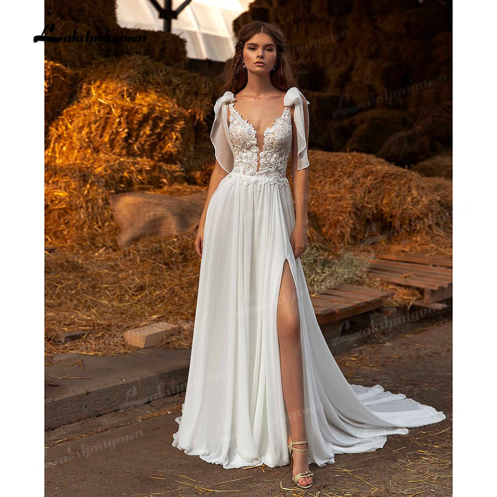 Sexy Side Slit Boho Wedding Dresses Sweep Train Charming Beach Chiffon A Line Lace Bridal Gowns V Neck vestido de novia 2021