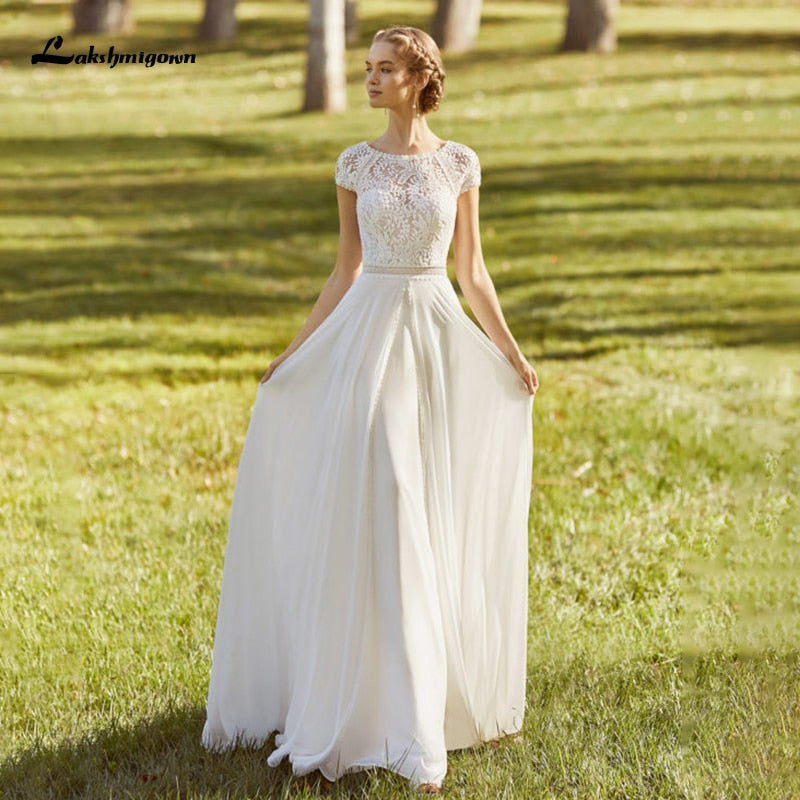 Lakshmigown Lace Plus Size Boho Wedding Dress vestido de noiva simples Cap Sleeves Chiffon Beach Bridal Dresses robe de mariee