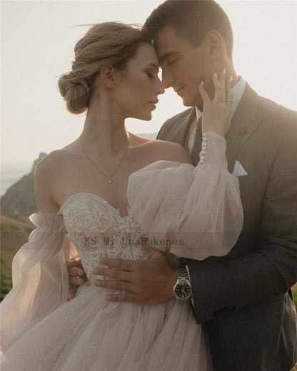 Roycebridal Dirty Pink Boho Wedding Dress 2021 Detachable Puff Sleeve Bridal Dresses Glitter Sparky Lace Wedding Gowns Beach Sweetheart