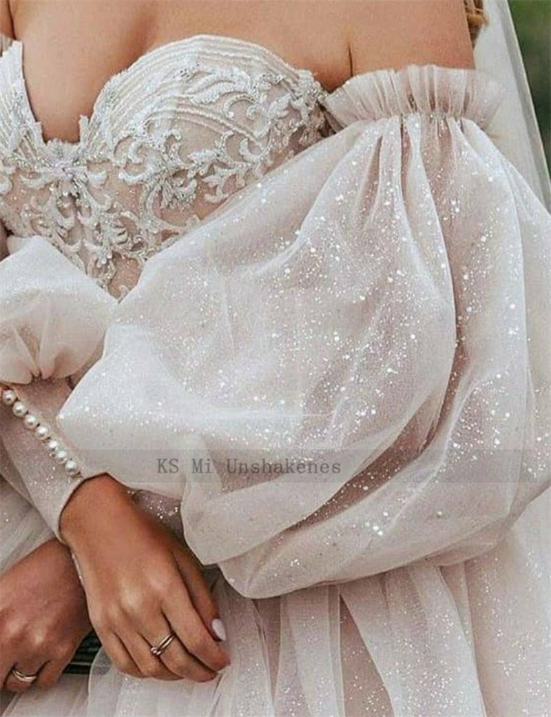 Roycebridal Dirty Pink Boho Wedding Dress 2021 Detachable Puff Sleeve Bridal Dresses Glitter Sparky Lace Wedding Gowns Beach Sweetheart