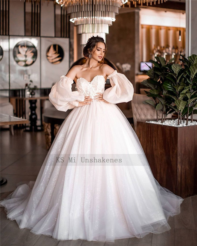 Roycebridal Dirty Pink Boho Wedding Dress 2021 Detachable Puff Sleeve Bridal Dresses Glitter Sparky Lace Wedding Gowns Beach Sweetheart