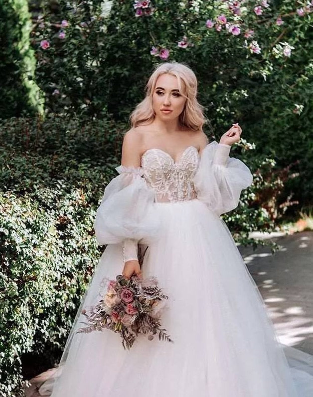 Roycebridal Dirty Pink Boho Wedding Dress 2021 Detachable Puff Sleeve Bridal Dresses Glitter Sparky Lace Wedding Gowns Beach Sweetheart