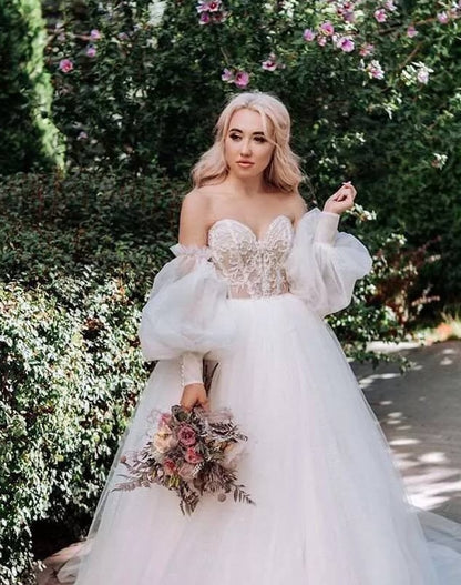 Roycebridal Dirty Pink Boho Wedding Dress 2021 Detachable Puff Sleeve Bridal Dresses Glitter Sparky Lace Wedding Gowns Beach Sweetheart