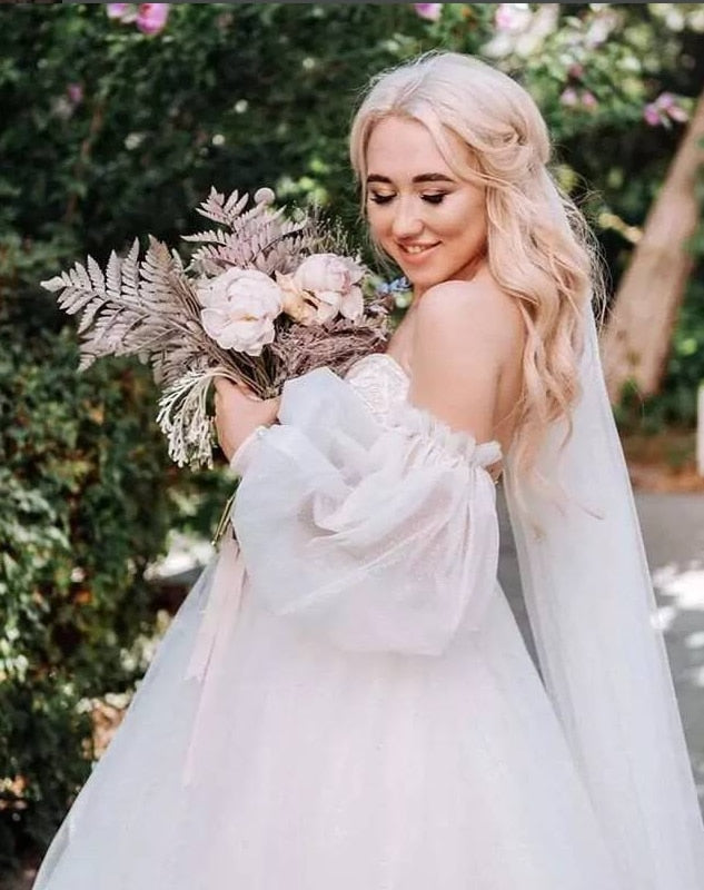 Roycebridal Dirty Pink Boho Wedding Dress 2021 Detachable Puff Sleeve Bridal Dresses Glitter Sparky Lace Wedding Gowns Beach Sweetheart