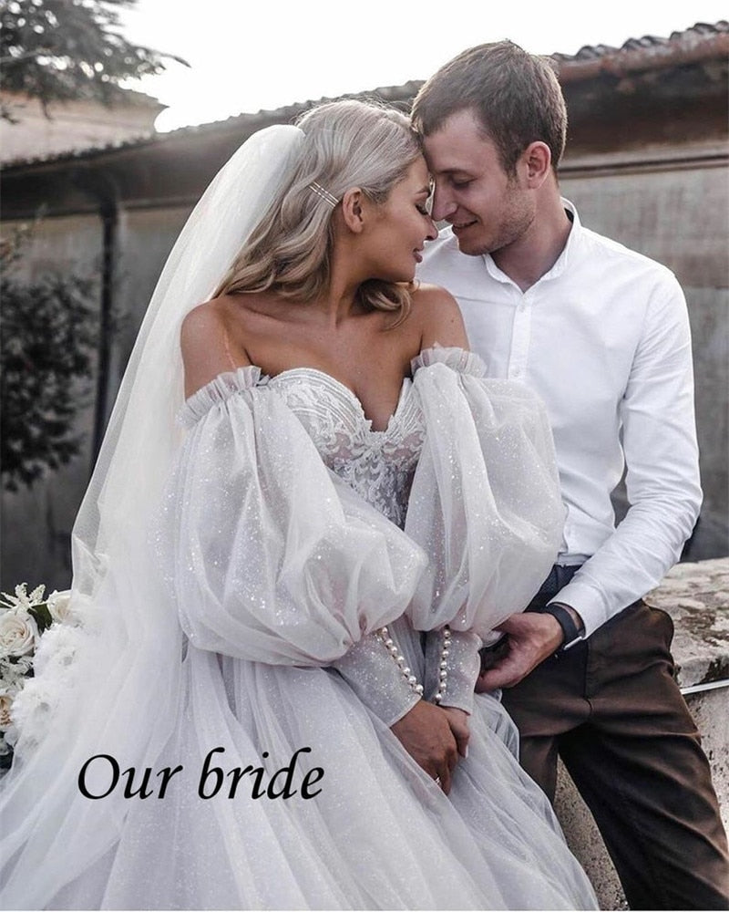 Roycebridal Dirty Pink Boho Wedding Dress 2021 Detachable Puff Sleeve Bridal Dresses Glitter Sparky Lace Wedding Gowns Beach Sweetheart