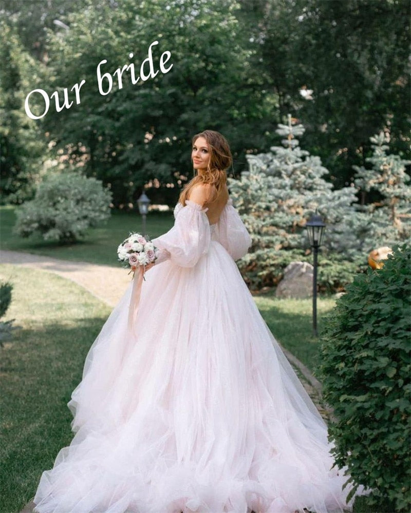 Roycebridal Dirty Pink Boho Wedding Dress 2021 Detachable Puff Sleeve Bridal Dresses Glitter Sparky Lace Wedding Gowns Beach Sweetheart