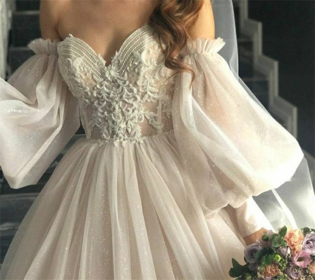 Roycebridal Dirty Pink Boho Wedding Dress 2021 Detachable Puff Sleeve Bridal Dresses Glitter Sparky Lace Wedding Gowns Beach Sweetheart