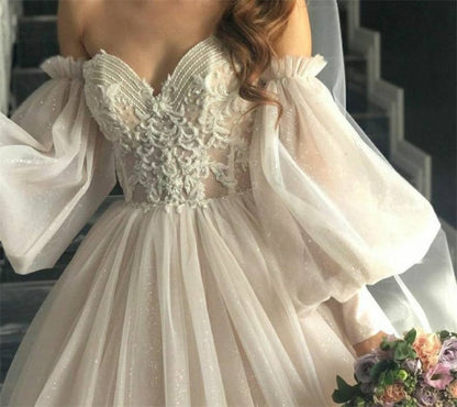 Roycebridal Dirty Pink Boho Wedding Dress 2021 Detachable Puff Sleeve Bridal Dresses Glitter Sparky Lace Wedding Gowns Beach Sweetheart
