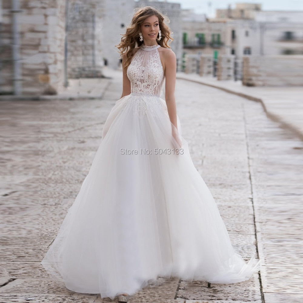 Cheap Halter A Line Soft Tulle Wedding Dresses 2021 Inside Lace Appliques Beaded Sash Sleeveless Floor Length Turkey Bridal Gown