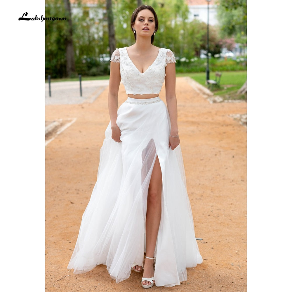 Sexy Wedding Dress Boho 2021 Two Pieces 2 A-Line Chiffon Side Slit Floor Length Long Sleeve Bohemian Bridal Gowns Robe De Marie