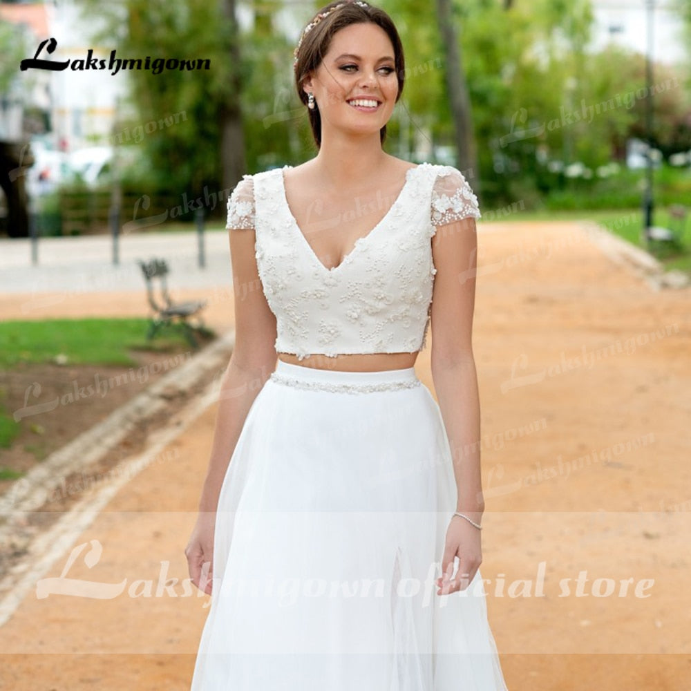 Sexy Wedding Dress Boho 2021 Two Pieces 2 A-Line Chiffon Side Slit Floor Length Long Sleeve Bohemian Bridal Gowns Robe De Marie