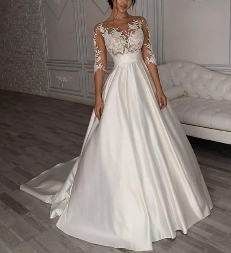 Satin Wedding Dresses Boho Short Sleeves Bow Pocket Bridal Dress Lace Appliques Wedding Gown Custom Made