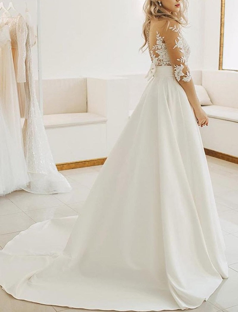 Satin Wedding Dresses Boho Short Sleeves Bow Pocket Bridal Dress Lace Appliques Wedding Gown Custom Made