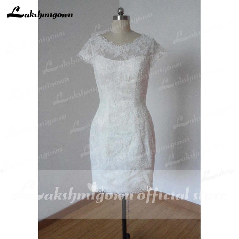 Summer Short Wedding Dresses 2021 Cap-Sleeve Low-V Back Wedding Short Column Lace Gown vestido de casamento