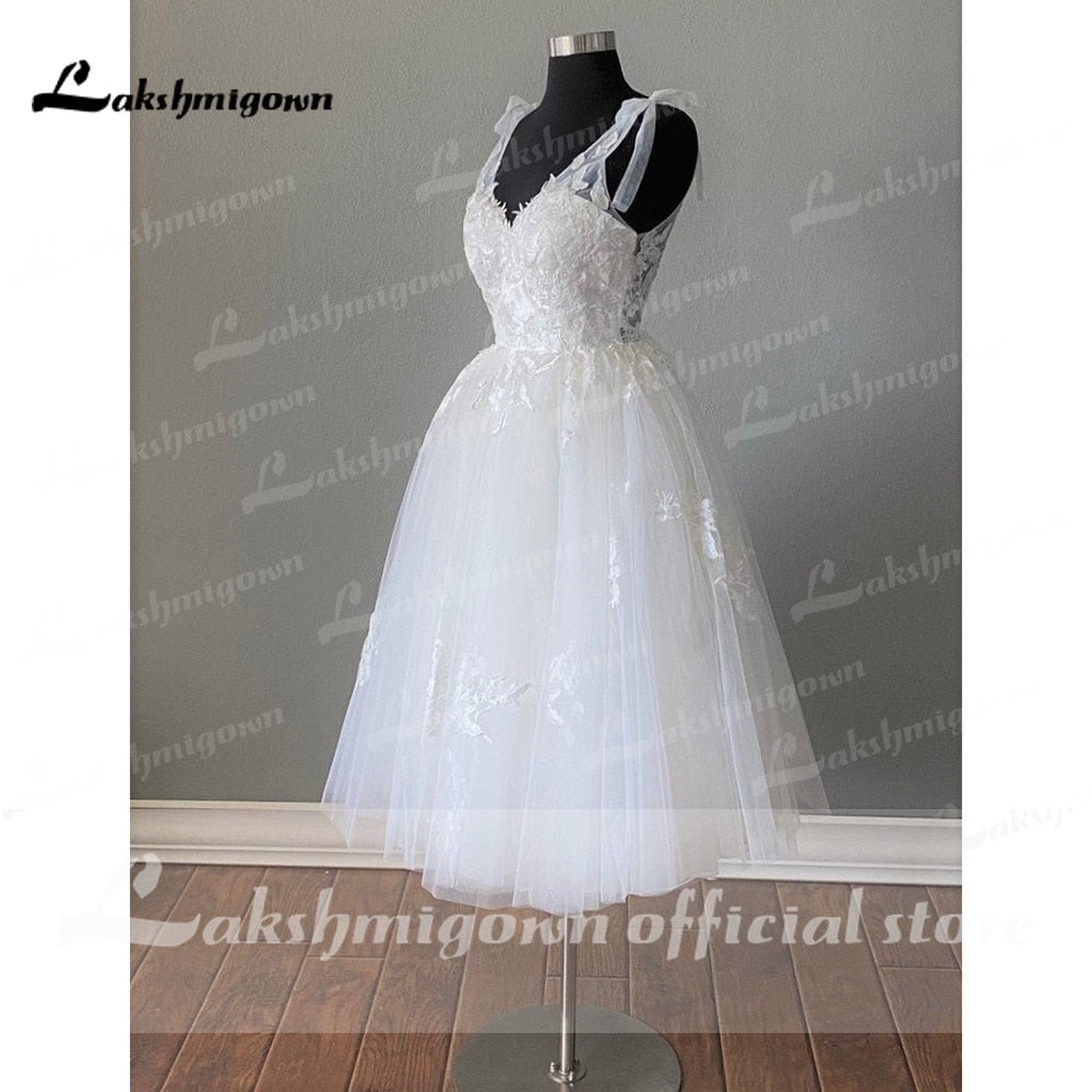 Short Wedding Dresses Summer 2021 Tea Length Robe De Mariée V-Neck Lace appliques Bride Dress Vestido De Novia - ROYCEBRIDAL OFFICIAL STORE