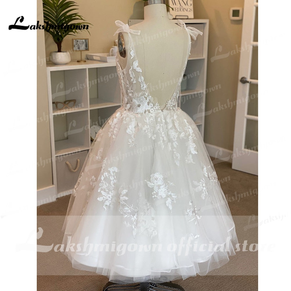 Short Wedding Dresses Summer 2021 Tea Length Robe De Mariée V-Neck Lace appliques Bride Dress Vestido De Novia - ROYCEBRIDAL OFFICIAL STORE