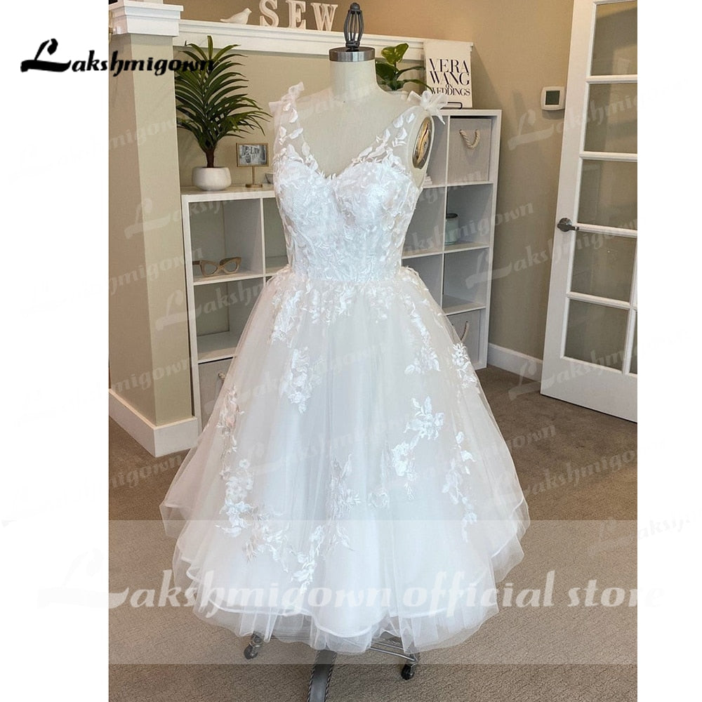 Short Wedding Dresses Summer 2021 Tea Length Robe De Mariée V-Neck Lace appliques Bride Dress Vestido De Novia - ROYCEBRIDAL OFFICIAL STORE