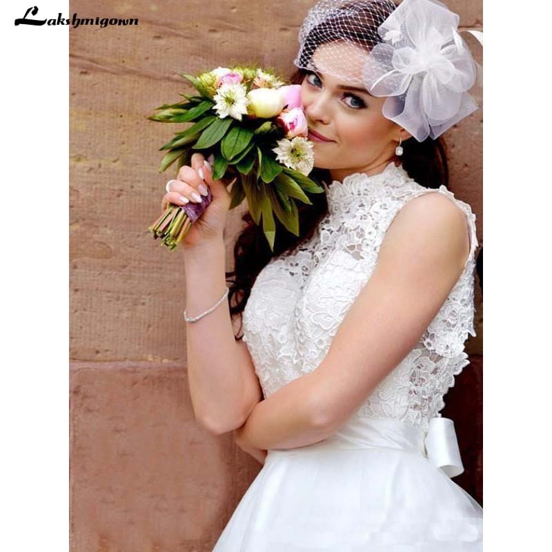 Elegant Lace Appliques Wedding Dresses Short Boho Beach Bridal Gowns Cheap High Neck Backless Knee Length Bohemian Bridal Dress - ROYCEBRIDAL OFFICIAL STORE
