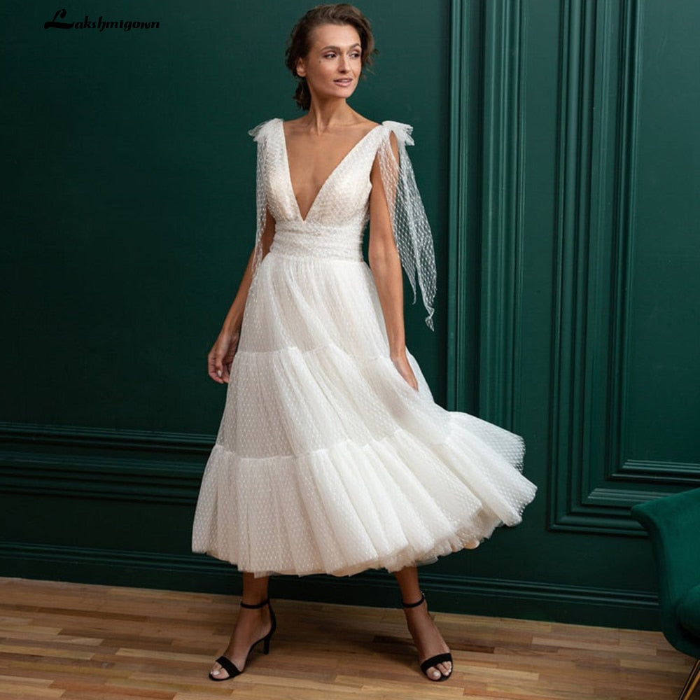 Vintage Ivory Tulle Short Wedding Dresses Spaghetti  A Line Tea Length Bridal Gowns robe de soiree courte Robe de mariee