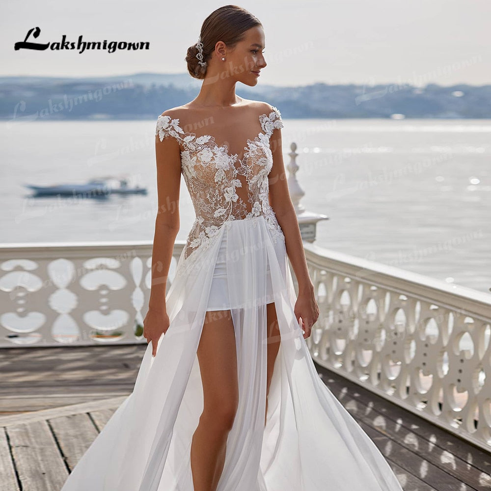 Sexy Beach Wedding Dresses Long Lace V-Neck Split A-Line Wedding Gowns White Backless Trouwjurken Vestido Novia