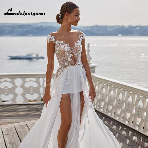 Sexy Beach Wedding Dresses Long Lace V-Neck Split A-Line Wedding Gowns ...