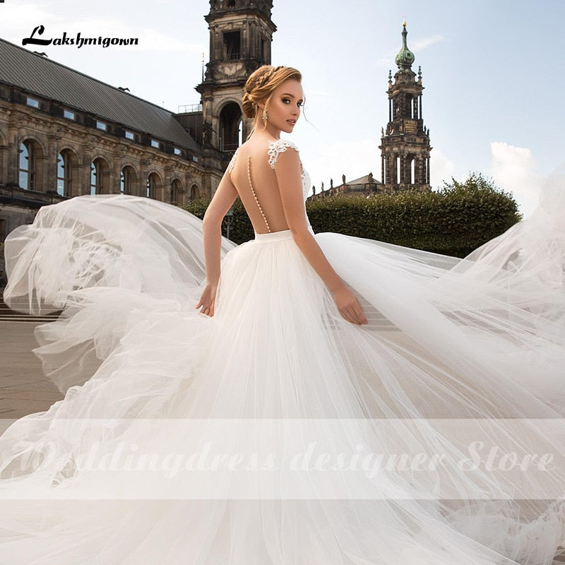 Lakshmigown Bohemian Wedding Dresses 2021 V-Neck Cap Sleeve Beach A-Line Country Bridal Gowns with Detachable vestido de novia - ROYCEBRIDAL OFFICIAL STORE