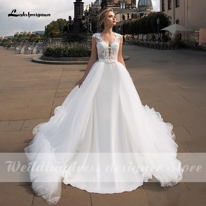 Lakshmigown Bohemian Wedding Dresses 2021 V-Neck Cap Sleeve Beach A-Line Country Bridal Gowns with Detachable vestido de novia