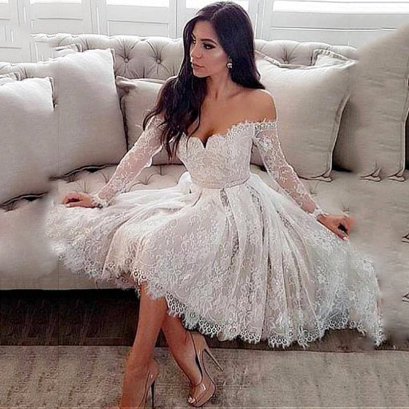 Elegent Lace Short Dress Wedding Off The Shoulder Knee-length Long Sleeve Wedding Dress With Belt Illusion Bridal Wedding Gowns