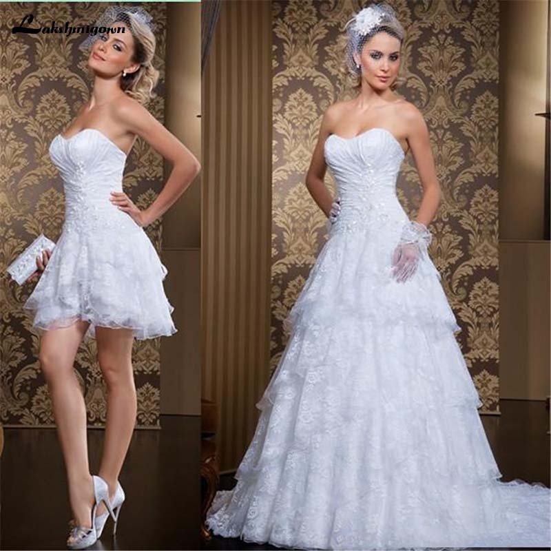 Spring Strapless Ruched Tiers Short Bridal Dress Gowns With Detachable Skirt Vintage Two Pieces Lace Wedding Dresses vestidos