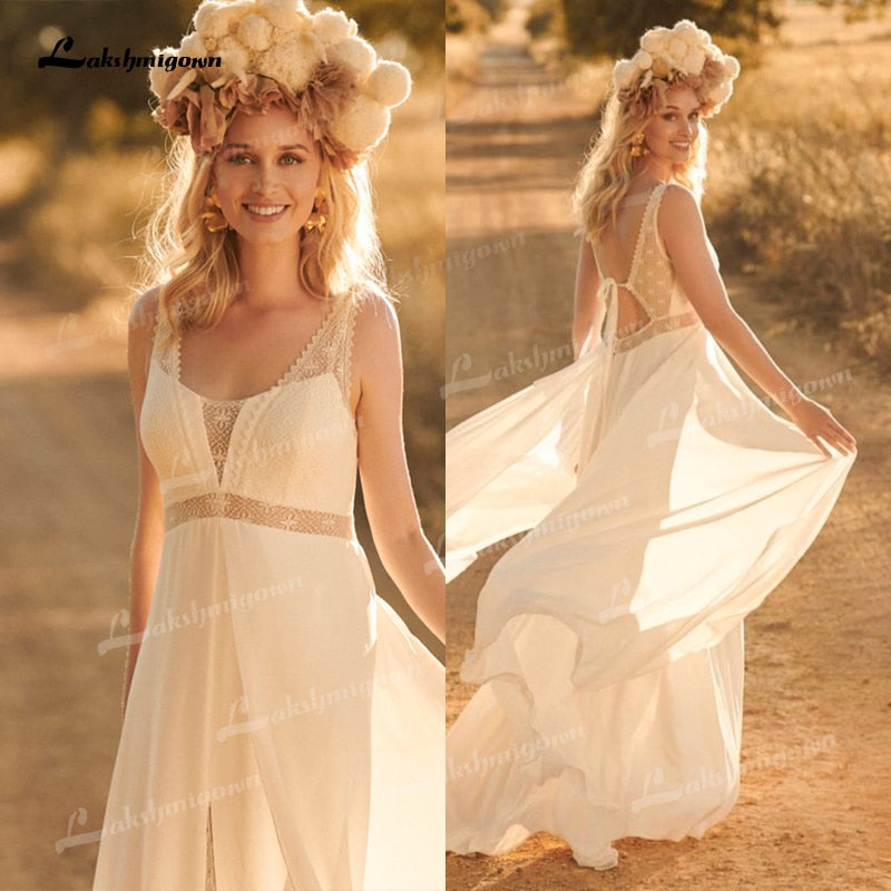 Simple Boho Lace Wedding Dress 2021 Beach Wedding Dress V Neck Chiffon A Line Bridal Gown Backless Vestido De Noiva Brautkleid