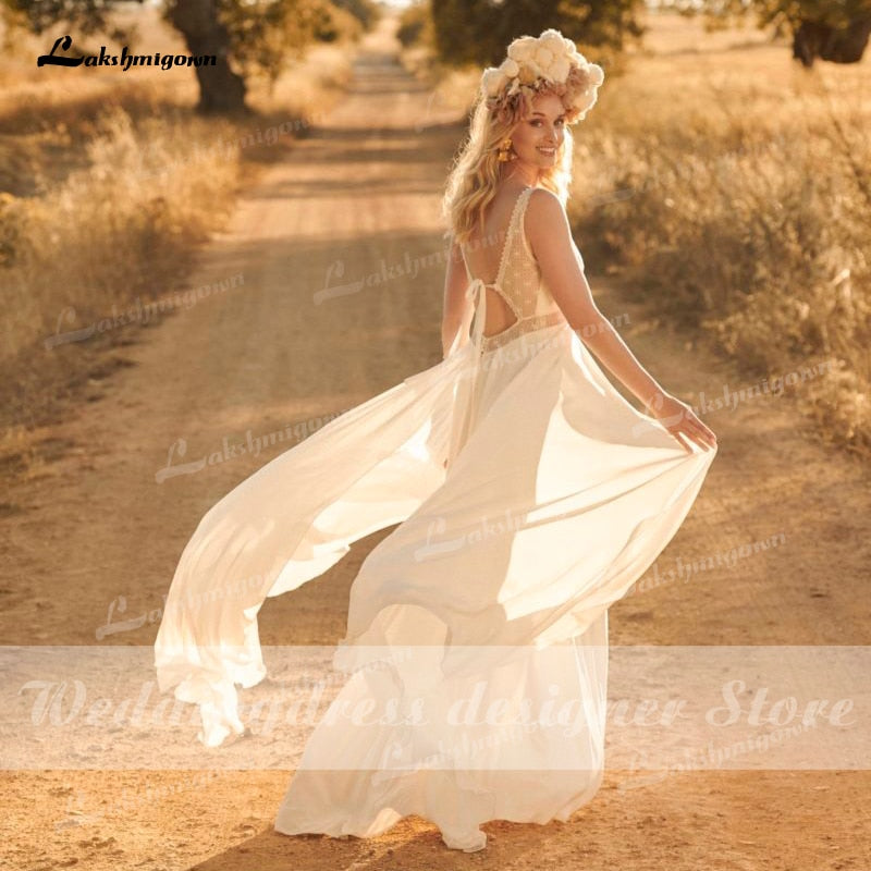 Simple Boho Lace Wedding Dress 2021 Beach Wedding Dress V Neck Chiffon A Line Bridal Gown Backless Vestido De Noiva Brautkleid - ROYCEBRIDAL OFFICIAL STORE