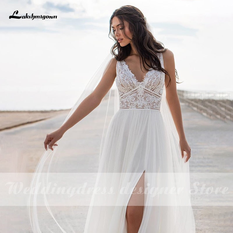 Buy lace applique v-neck tulle white side slit wedding dress with