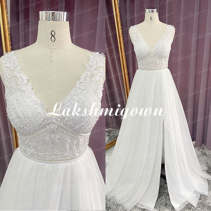 Lakshmigown High Slit A Line Wedding Dresses 2021 V Neck Backless Lace Appliques Boho Beach Tulle Bridal Gown vestido de novia