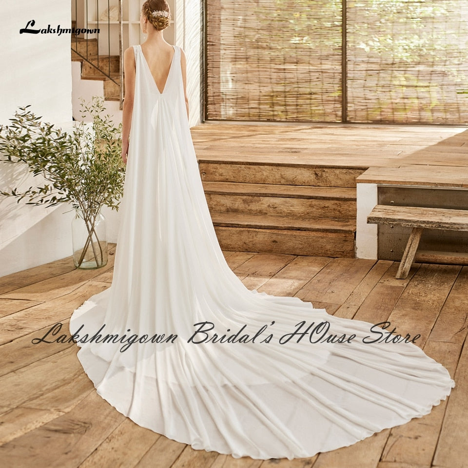 Modest Bridal Robe Satin Wedding Dress Long Cape 2022 V neck Civil Boho Mermaid Wedding Gowns Front Split Lakshmigown