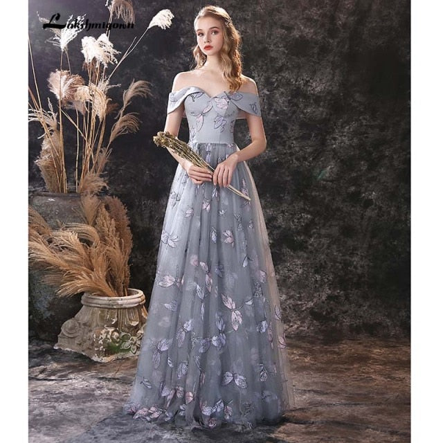 lakshmigown Grey A Line Prom Dresses Lovely Flower Lace Party Wear Floor Length Princess Gown  vestido formatura