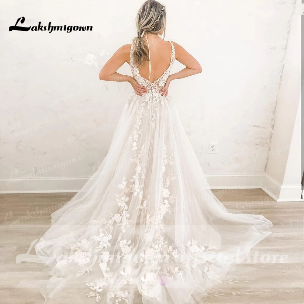 Elegant A-Line Wedding Dress V-Neck Sexy Tank Lace Appliques Backless Sleeveless Women Civil Bride Gown 2022 Vestidos De Noiva