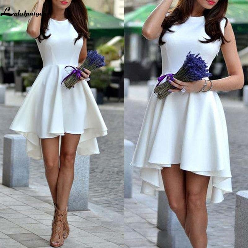 High Low White Prom Dresses Satin Scoop Zipper Up Party Dresses Cocktail Homecoming Gowns