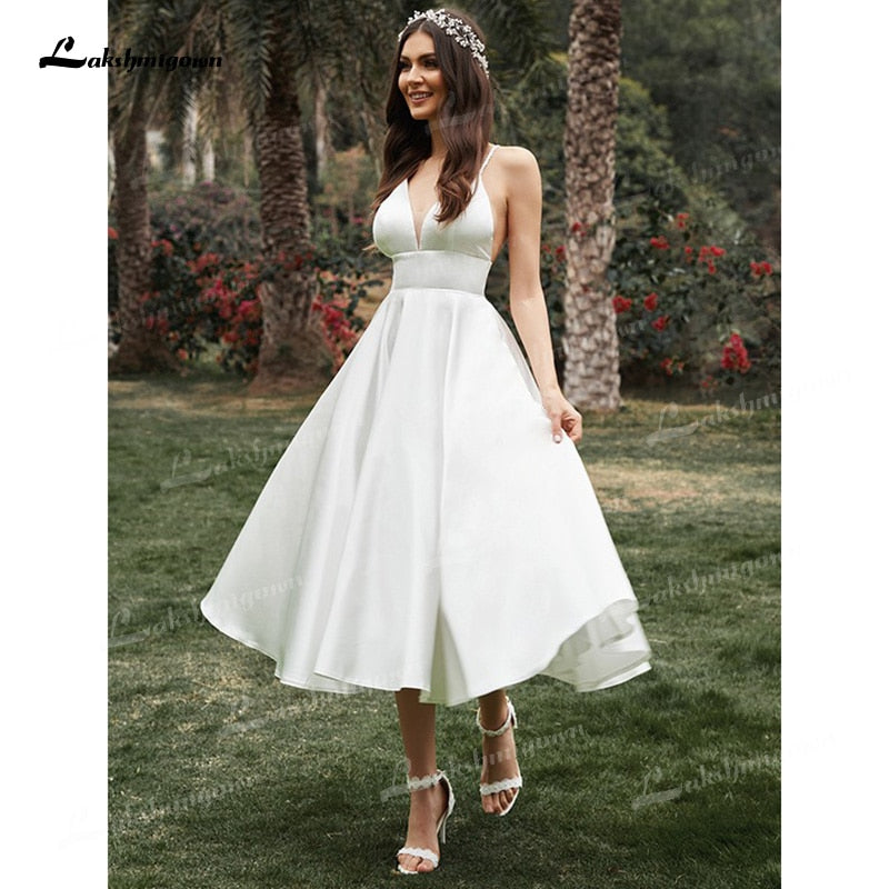 A-Line/Princess Spaghetti Strap Wedding Dress Ruffles V-neck Sleeveless Soft Satin Tea-Length Backless Simple vestidos de novia