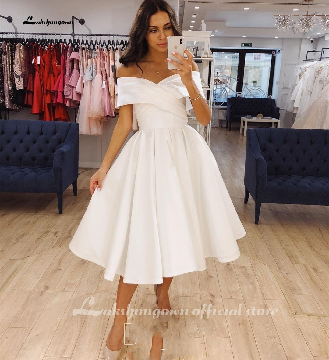 Short Wedding Dress Satin Knee Length 2021 Pleat Simple Off Shoulder B ...