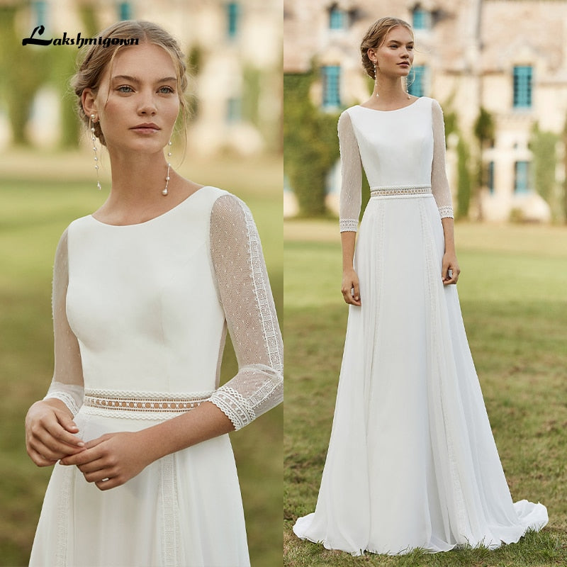 The Gina Marie Satin & Lace 3/4 Sleeve A-Line Boho Wedding Dress - Ava –  Broke Bride Dresses