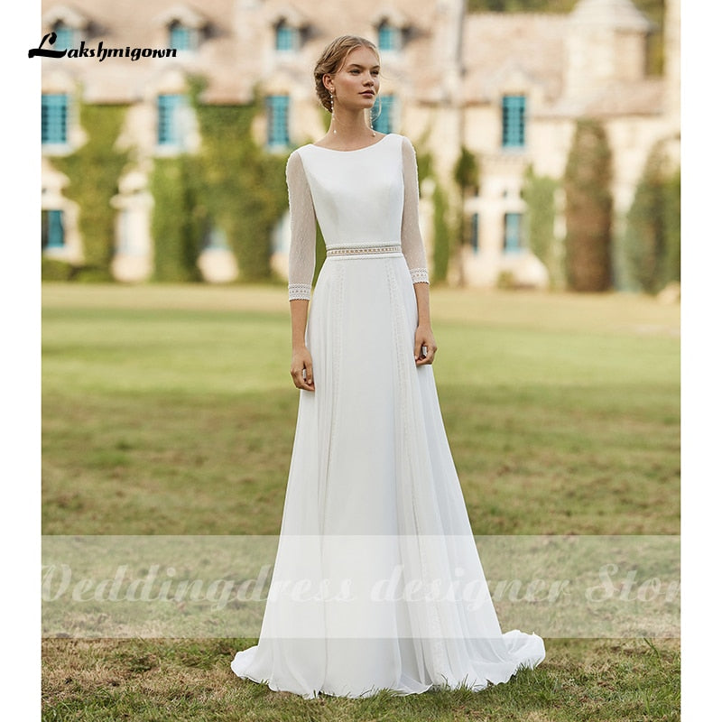 Casual Wedding Dresses A-Line Off Shoulder 3/4 Length Sleeve Court Train  Stretch Fabric Bridal Gowns With Bow(s) Pleats 2024 2024 - $143.99