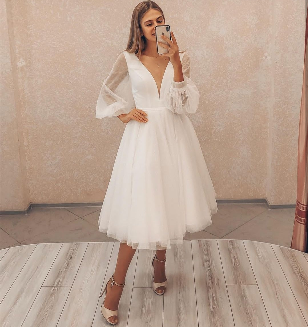 Lakshmigown Short Wedding Dress 2021 Long Puff Sleeve Simple Elegant V-Neck Knee Length Robe De Mariee Custom Made